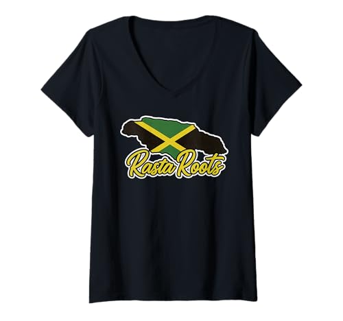 Damen Jamaika Rasta Roots Jamaikanische Insel Flagge Love Reggae T-Shirt mit V-Ausschnitt von Jamaica Flag Designs Proud Jamaican Roots