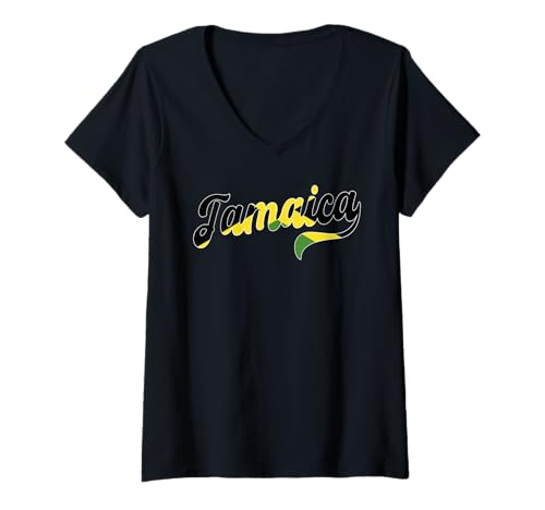 Damen Jamaika Typeset Stolze Jamaikanische Flagge T-Shirt mit V-Ausschnitt von Jamaica Flag Designs Proud Jamaican Roots