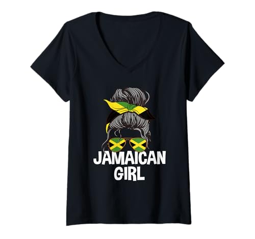 Damen Jamaikanisches Mädchen unordentlicher Haarknoten Yardie Woman Pride T-Shirt mit V-Ausschnitt Damen Jamaikanisches Mädchen unordentlicher Haarknoten Yardie Woman Pride T-Shirt mit V-Ausschnitt von Jamaica Flag Designs Proud Jamaican Roots