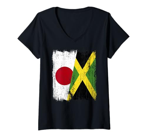 Damen Japan Jamaika Halbe Flagge Japanisches Jamaikanisches Erbe T-Shirt mit V-Ausschnitt von Jamaica Flag Designs Proud Jamaican Roots