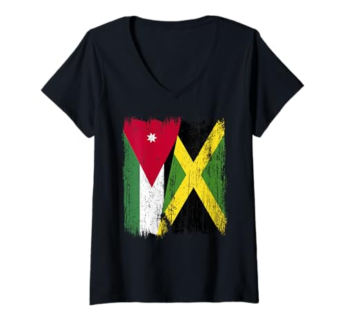 Damen Jordanien, Jamaika, halbe Flagge, jordanisches Jamaika-Erbe T-Shirt mit V-Ausschnitt Damen Jordanien, Jamaika, halbe Flagge, jordanisches Jamaika-Erbe T-Shirt mit V-Ausschnitt von Jamaica Flag Designs Proud Jamaican Roots