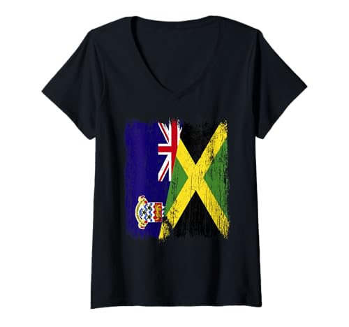 Damen Kaimaninseln Jamaika Halbflagge T-Shirt mit V-Ausschnitt von Jamaica Flag Designs Proud Jamaican Roots