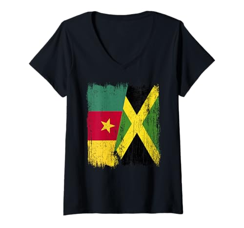 Damen Kamerun Jamaika Halbflagge Kamerunisch Jamaikanisches Erbe T-Shirt mit V-Ausschnitt Damen Kamerun Jamaika Halbflagge Kamerunisch Jamaikanisches Erbe T-Shirt mit V-Ausschnitt von Jamaica Flag Designs Proud Jamaican Roots