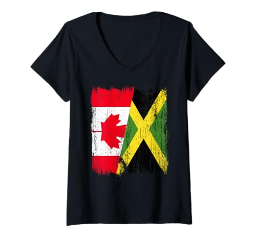 Damen Kanada, Jamaika, halbe Flagge, kanadisches Jamaika-Erbe T-Shirt mit V-Ausschnitt Damen Kanada, Jamaika, halbe Flagge, kanadisches Jamaika-Erbe T-Shirt mit V-Ausschnitt von Jamaica Flag Designs Proud Jamaican Roots