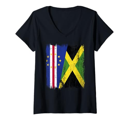 Damen Kap Verde Jamaika Halbflagge Kap Verde Jamaikanisches Erbe T-Shirt mit V-Ausschnitt Damen Kap Verde Jamaika Halbflagge Kap Verde Jamaikanisches Erbe T-Shirt mit V-Ausschnitt von Jamaica Flag Designs Proud Jamaican Roots