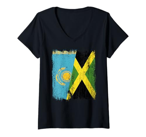 Damen Kasachstan, Jamaika, halbe Flagge, kasachisches Jamaika-Erbe T-Shirt mit V-Ausschnitt von Jamaica Flag Designs Proud Jamaican Roots