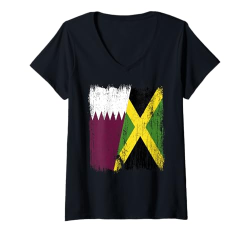Damen Katar Jamaika halbe Flagge Katar Jamaikanisches Erbe T-Shirt mit V-Ausschnitt von Jamaica Flag Designs Proud Jamaican Roots