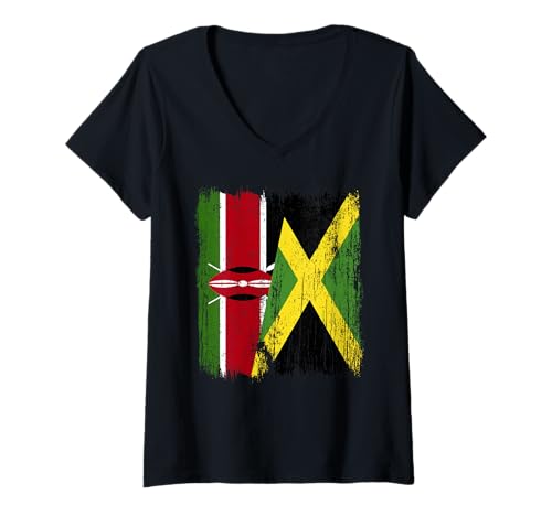 Damen Kenia, Jamaika, halbe Flagge, Kenianisches Jamaika-Erbe T-Shirt mit V-Ausschnitt von Jamaica Flag Designs Proud Jamaican Roots
