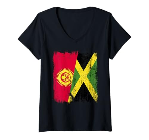 Damen Kirgisistan, Jamaika, halbe Flagge, kirgisisches Jamaika-Erbe T-Shirt mit V-Ausschnitt Damen Kirgisistan, Jamaika, halbe Flagge, kirgisisches Jamaika-Erbe T-Shirt mit V-Ausschnitt von Jamaica Flag Designs Proud Jamaican Roots
