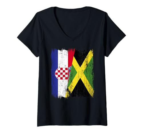 Damen Kroatien, Jamaika, halbe Flagge, kroatisches Jamaika-Erbe T-Shirt mit V-Ausschnitt Damen Kroatien, Jamaika, halbe Flagge, kroatisches Jamaika-Erbe T-Shirt mit V-Ausschnitt von Jamaica Flag Designs Proud Jamaican Roots