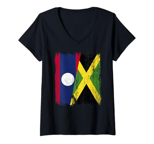 Damen Laos Jamaika halbe Flagge Laotisches Jamaikanisches Erbe T-Shirt mit V-Ausschnitt Damen Laos Jamaika halbe Flagge Laotisches Jamaikanisches Erbe T-Shirt mit V-Ausschnitt von Jamaica Flag Designs Proud Jamaican Roots