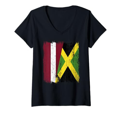 Damen Lettland Jamaika halbe Flagge Lettisch Jamaikanisches Erbe T-Shirt mit V-Ausschnitt Damen Lettland Jamaika halbe Flagge Lettisch Jamaikanisches Erbe T-Shirt mit V-Ausschnitt von Jamaica Flag Designs Proud Jamaican Roots
