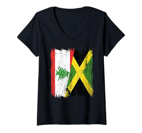 Damen Libanon Jamaika halbe Flagge libanesisches Jamaika-Erbe T-Shirt mit V-Ausschnitt Damen Libanon Jamaika halbe Flagge libanesisches Jamaika-Erbe T-Shirt mit V-Ausschnitt von Jamaica Flag Designs Proud Jamaican Roots
