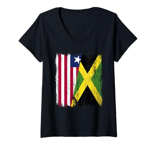 Damen Liberia Jamaika halbe Flagge Liberian Jamaican Heritage T-Shirt mit V-Ausschnitt Damen Liberia Jamaika halbe Flagge Liberian Jamaican Heritage T-Shirt mit V-Ausschnitt von Jamaica Flag Designs Proud Jamaican Roots