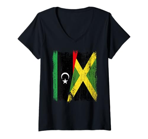 Damen Libyen, Jamaika, halbe Flagge, libyschisches Jamaika-Erbe T-Shirt mit V-Ausschnitt Damen Libyen, Jamaika, halbe Flagge, libyschisches Jamaika-Erbe T-Shirt mit V-Ausschnitt von Jamaica Flag Designs Proud Jamaican Roots