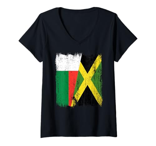 Damen Madagaskar, Jamaika, halbe Flagge, madagassisches Jamaika-Erbe T-Shirt mit V-Ausschnitt von Jamaica Flag Designs Proud Jamaican Roots
