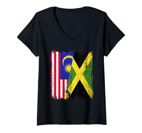 Damen Malaysia, Jamaika, halbe Flagge, malaysisches Jamaika-Erbe T-Shirt mit V-Ausschnitt Damen Malaysia, Jamaika, halbe Flagge, malaysisches Jamaika-Erbe T-Shirt mit V-Ausschnitt von Jamaica Flag Designs Proud Jamaican Roots
