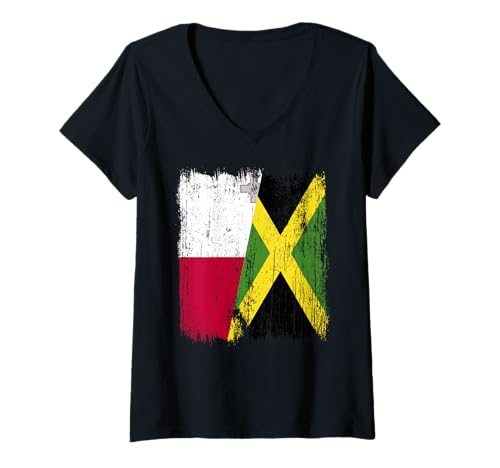 Damen Malta Jamaika Halbflagge Malteser Jamaikanisches Erbe T-Shirt mit V-Ausschnitt Damen Malta Jamaika Halbflagge Malteser Jamaikanisches Erbe T-Shirt mit V-Ausschnitt von Jamaica Flag Designs Proud Jamaican Roots