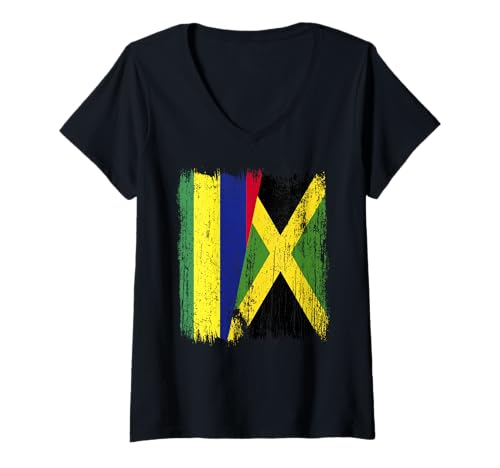 Damen Mauritius Jamaika halbe Flagge mauritianisches Jamaikanisches Erbe T-Shirt mit V-Ausschnitt Damen Mauritius Jamaika halbe Flagge mauritianisches Jamaikanisches Erbe T-Shirt mit V-Ausschnitt von Jamaica Flag Designs Proud Jamaican Roots