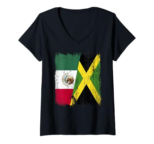 Damen Mexiko, Jamaika, halbe Flagge, mexikanisches Erbe T-Shirt mit V-Ausschnitt Damen Mexiko, Jamaika, halbe Flagge, mexikanisches Erbe T-Shirt mit V-Ausschnitt von Jamaica Flag Designs Proud Jamaican Roots