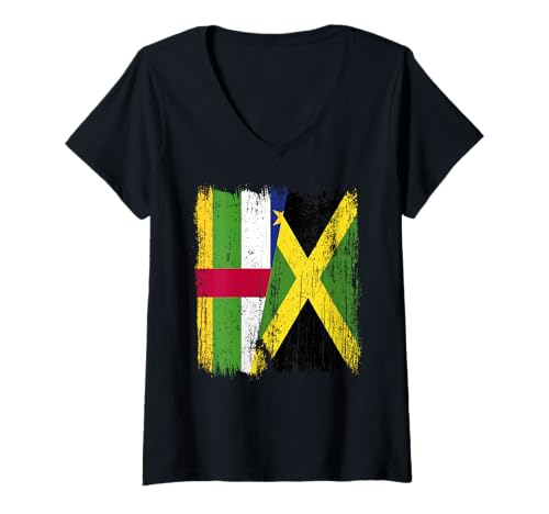 Damen Mittelafrikanische Republik Jamaika Halbflagge T-Shirt mit V-Ausschnitt Damen Mittelafrikanische Republik Jamaika Halbflagge T-Shirt mit V-Ausschnitt von Jamaica Flag Designs Proud Jamaican Roots