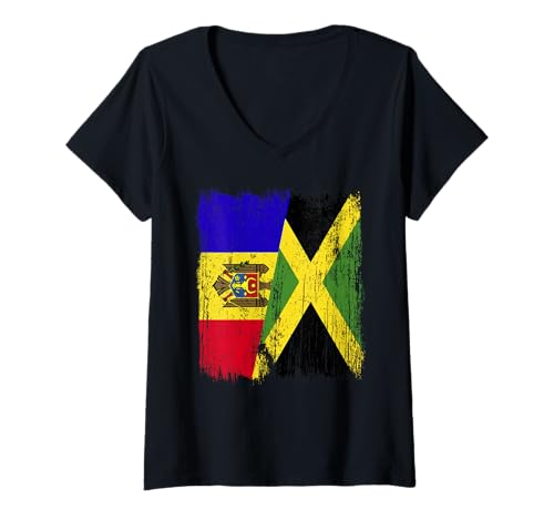 Damen Moldawien, Jamaika, halbe Flagge, moldauisches Jamaikanisches Erbe T-Shirt mit V-Ausschnitt Damen Moldawien, Jamaika, halbe Flagge, moldauisches Jamaikanisches Erbe T-Shirt mit V-Ausschnitt von Jamaica Flag Designs Proud Jamaican Roots