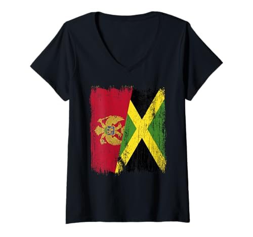 Damen Montenegro Jamaika Halbflagge montenegrinisches Jamaikanisches Erbe T-Shirt mit V-Ausschnitt Damen Montenegro Jamaika Halbflagge montenegrinisches Jamaikanisches Erbe T-Shirt mit V-Ausschnitt von Jamaica Flag Designs Proud Jamaican Roots