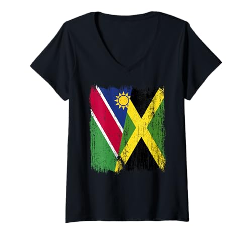Damen Namibia Jamaika Halbflagge Namibian Jamaican Heritage T-Shirt mit V-Ausschnitt von Jamaica Flag Designs Proud Jamaican Roots