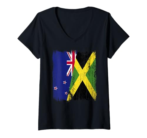 Damen Neuseeland Jamaika Halbflagge Neuseeland Jamaikanisches Erbe T-Shirt mit V-Ausschnitt Damen Neuseeland Jamaika Halbflagge Neuseeland Jamaikanisches Erbe T-Shirt mit V-Ausschnitt von Jamaica Flag Designs Proud Jamaican Roots