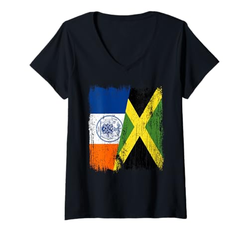 Damen New York City Jamaika Halbflagge New York Jamaican Heritage T-Shirt mit V-Ausschnitt Damen New York City Jamaika Halbflagge New York Jamaican Heritage T-Shirt mit V-Ausschnitt von Jamaica Flag Designs Proud Jamaican Roots
