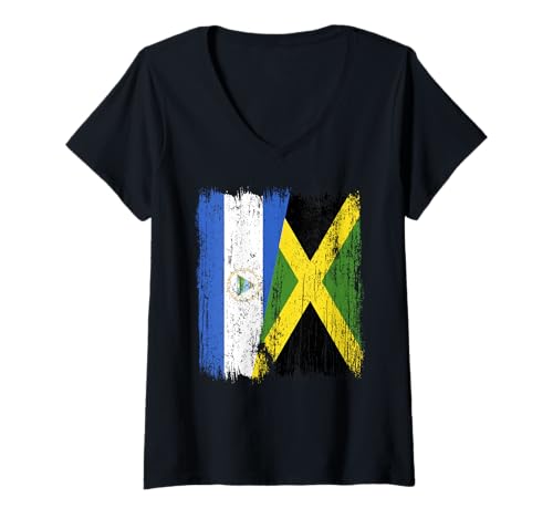 Damen Nicaragua Jamaika Halbflagge Nicaraguanisches Jamaikanisches Erbe T-Shirt mit V-Ausschnitt Damen Nicaragua Jamaika Halbflagge Nicaraguanisches Jamaikanisches Erbe T-Shirt mit V-Ausschnitt von Jamaica Flag Designs Proud Jamaican Roots