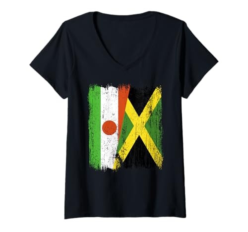 Damen Niger Jamaika Halbflagge Nigerien Jamaikanisches Erbe T-Shirt mit V-Ausschnitt von Jamaica Flag Designs Proud Jamaican Roots