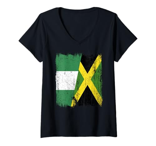 Damen Nigeria Jamaika Halbflagge Nigerianisches Jamaikanisches Erbe T-Shirt mit V-Ausschnitt Damen Nigeria Jamaika Halbflagge Nigerianisches Jamaikanisches Erbe T-Shirt mit V-Ausschnitt von Jamaica Flag Designs Proud Jamaican Roots