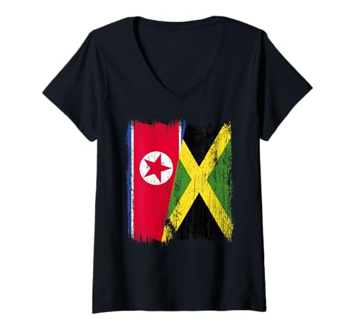 Damen Nordkorea, Jamaika, halbe Flagge, koreanisch, jamaikanisches Erbe T-Shirt mit V-Ausschnitt Damen Nordkorea, Jamaika, halbe Flagge, koreanisch, jamaikanisches Erbe T-Shirt mit V-Ausschnitt von Jamaica Flag Designs Proud Jamaican Roots