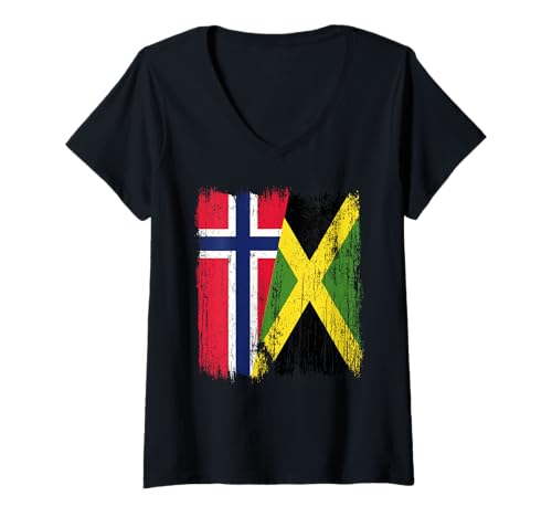 Damen Norwegen, Jamaika, halbe Flagge, norwegisches Jamaika-Erbe T-Shirt mit V-Ausschnitt Damen Norwegen, Jamaika, halbe Flagge, norwegisches Jamaika-Erbe T-Shirt mit V-Ausschnitt von Jamaica Flag Designs Proud Jamaican Roots