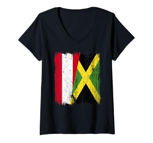 Damen Österreich, Jamaika, halbe Flagge, Österreichisches Jamaikanisches Erbe T-Shirt mit V-Ausschnitt Damen Österreich, Jamaika, halbe Flagge, Österreichisches Jamaikanisches Erbe T-Shirt mit V-Ausschnitt von Jamaica Flag Designs Proud Jamaican Roots