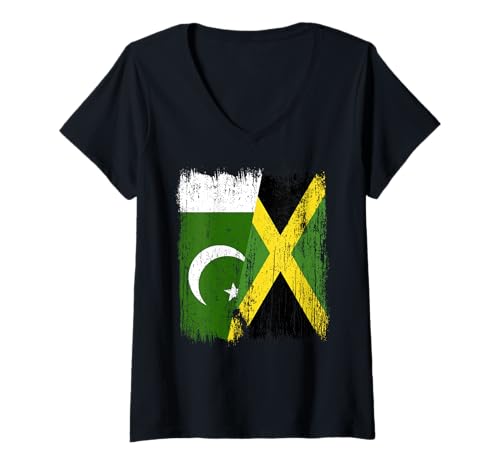 Damen Pakistan, Jamaika, halbe Flagge, pakistanisch, jamaikanisches Erbe T-Shirt mit V-Ausschnitt Damen Pakistan, Jamaika, halbe Flagge, pakistanisch, jamaikanisches Erbe T-Shirt mit V-Ausschnitt von Jamaica Flag Designs Proud Jamaican Roots