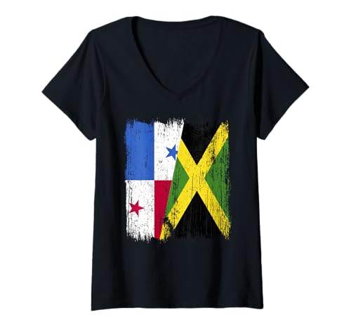 Damen Panama Jamaika Halbflagge Panamaisches Jamaikanisches Erbe T-Shirt mit V-Ausschnitt von Jamaica Flag Designs Proud Jamaican Roots