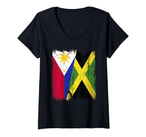 Damen Philippinen Jamaika halbe Flagge Filipino Jamaikanisches Erbe T-Shirt mit V-Ausschnitt Damen Philippinen Jamaika halbe Flagge Filipino Jamaikanisches Erbe T-Shirt mit V-Ausschnitt von Jamaica Flag Designs Proud Jamaican Roots