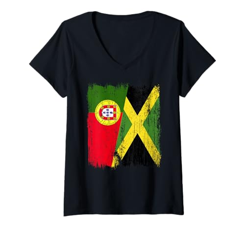 Damen Portugal, Jamaika, halbe Flagge, portugiesisch, jamaikanisches Erbe T-Shirt mit V-Ausschnitt Damen Portugal, Jamaika, halbe Flagge, portugiesisch, jamaikanisches Erbe T-Shirt mit V-Ausschnitt von Jamaica Flag Designs Proud Jamaican Roots
