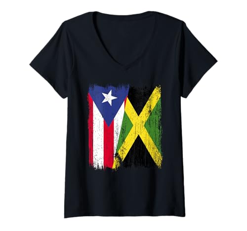 Damen Puerto Rico Jamaika Halbflagge Puerto Rican Jamaican Heritage T-Shirt mit V-Ausschnitt Damen Puerto Rico Jamaika Halbflagge Puerto Rican Jamaican Heritage T-Shirt mit V-Ausschnitt von Jamaica Flag Designs Proud Jamaican Roots