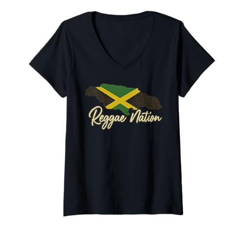 Damen Reggae Nation Jamaika Island Design Jamaikanische Flagge Rasta T-Shirt mit V-Ausschnitt von Jamaica Flag Designs Proud Jamaican Roots