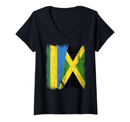 Damen Ruanda, Jamaika, halbe Flagge, ruandisches Jamaika-Erbe T-Shirt mit V-Ausschnitt von Jamaica Flag Designs Proud Jamaican Roots