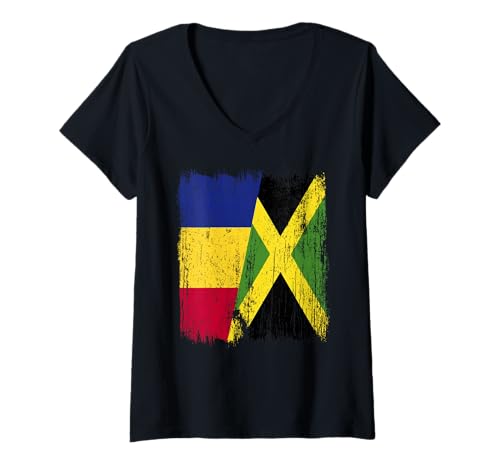 Damen Rumänien, Jamaika, halbe Flagge, rumänisches Jamaika-Erbe T-Shirt mit V-Ausschnitt Damen Rumänien, Jamaika, halbe Flagge, rumänisches Jamaika-Erbe T-Shirt mit V-Ausschnitt von Jamaica Flag Designs Proud Jamaican Roots