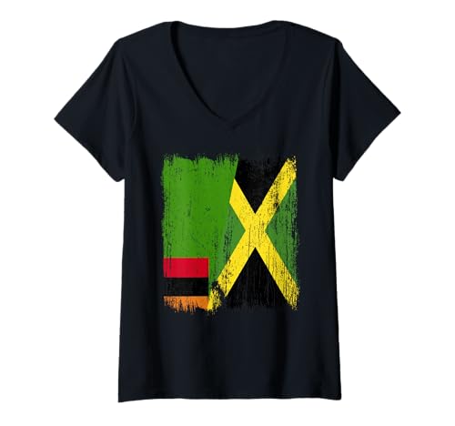 Damen Sambia, Jamaika, halbe Flagge, sambisches Jamaika-Erbe T-Shirt mit V-Ausschnitt Damen Sambia, Jamaika, halbe Flagge, sambisches Jamaika-Erbe T-Shirt mit V-Ausschnitt von Jamaica Flag Designs Proud Jamaican Roots