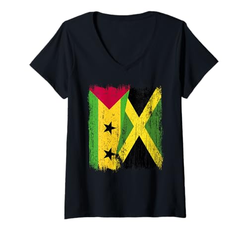 Damen Sao Tome und Principe Jamaika Halbflagge T-Shirt mit V-Ausschnitt Damen Sao Tome und Principe Jamaika Halbflagge T-Shirt mit V-Ausschnitt von Jamaica Flag Designs Proud Jamaican Roots