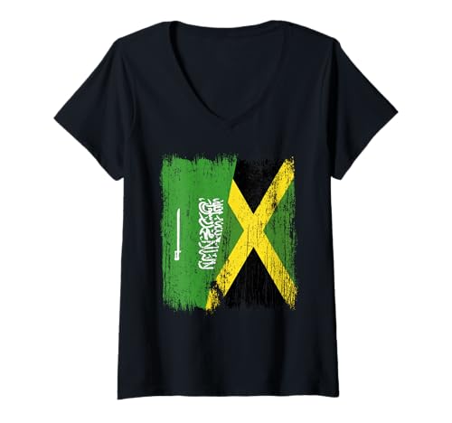 Damen Saudi-Arabien, Jamaika, halbe Flagge, Saudi-Arabien, Jamaika, Trikot T-Shirt mit V-Ausschnitt Damen Saudi-Arabien, Jamaika, halbe Flagge, Saudi-Arabien, Jamaika, Trikot T-Shirt mit V-Ausschnitt von Jamaica Flag Designs Proud Jamaican Roots