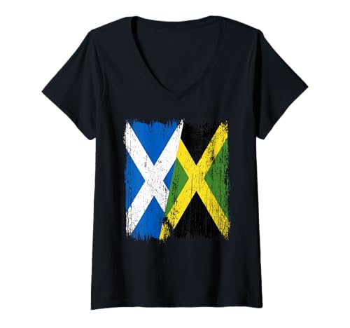 Damen Schottland, Jamaika, halbe Flagge, schottisches Jamaika-Erbe T-Shirt mit V-Ausschnitt Damen Schottland, Jamaika, halbe Flagge, schottisches Jamaika-Erbe T-Shirt mit V-Ausschnitt von Jamaica Flag Designs Proud Jamaican Roots