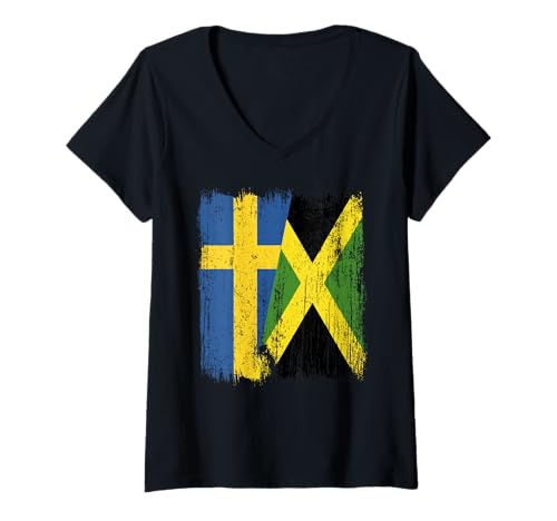 Damen Schweden Jamaika halbe Flagge Schwedisches Jamaikanisches Erbe T-Shirt mit V-Ausschnitt Damen Schweden Jamaika halbe Flagge Schwedisches Jamaikanisches Erbe T-Shirt mit V-Ausschnitt von Jamaica Flag Designs Proud Jamaican Roots
