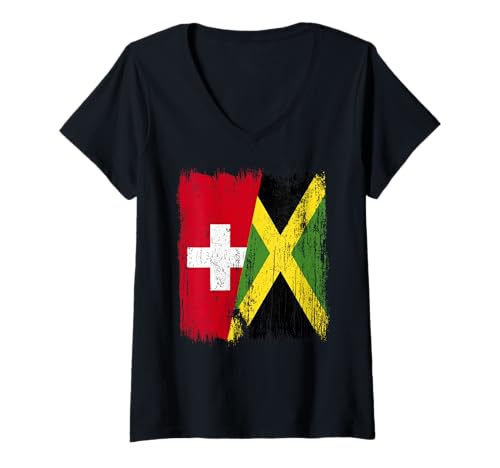 Damen Schweiz Jamaika Halbflagge Swiss Jamaican Heritage T-Shirt mit V-Ausschnitt Damen Schweiz Jamaika Halbflagge Swiss Jamaican Heritage T-Shirt mit V-Ausschnitt von Jamaica Flag Designs Proud Jamaican Roots